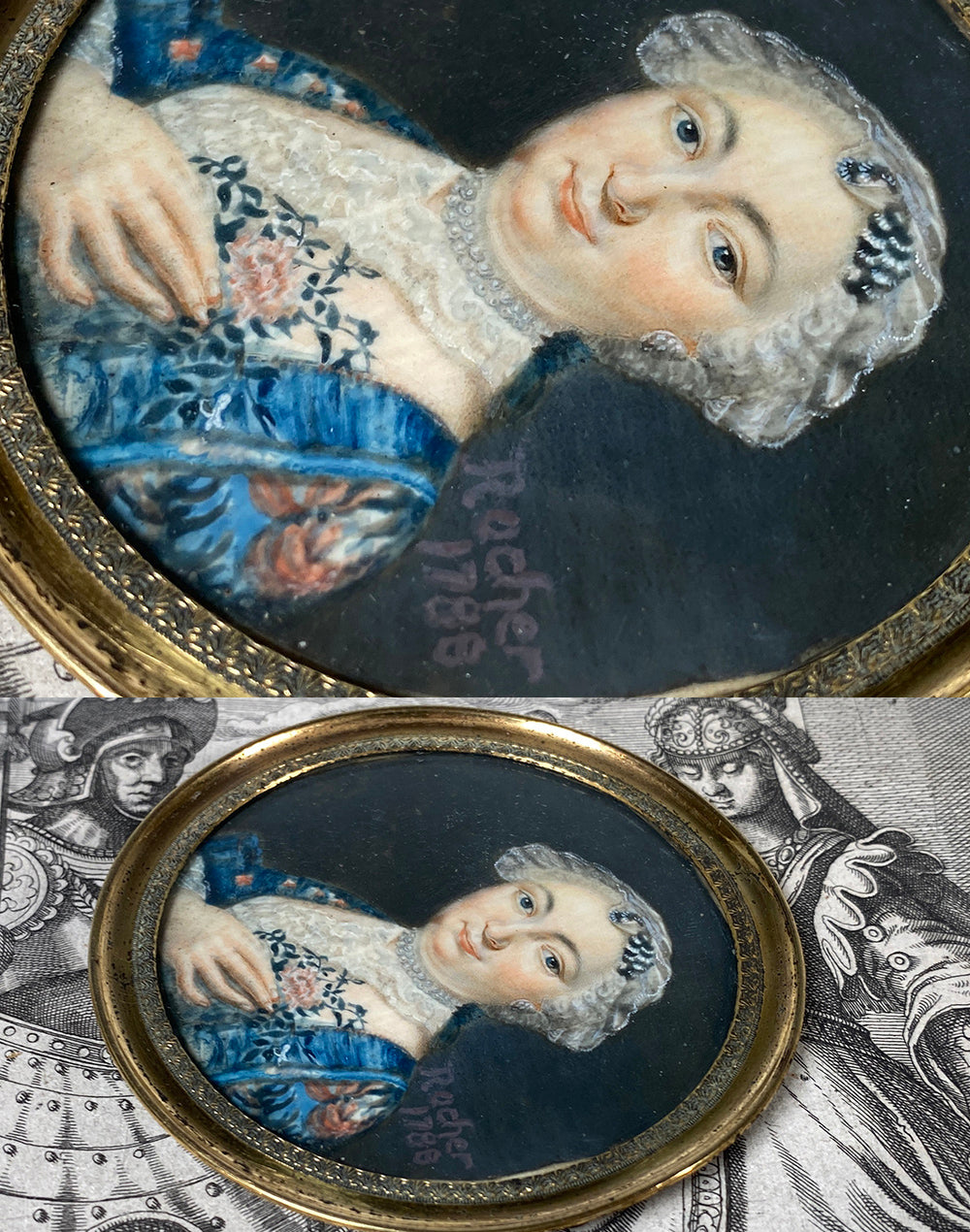 Antique French Revolution Portrait Miniature, Artist Signed, Dated 1788, Beautiful Matron