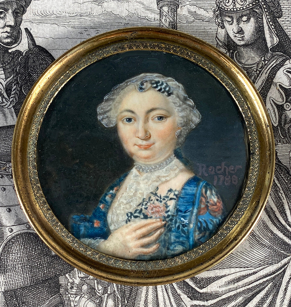 Antique French Revolution Portrait Miniature, Artist Signed, Dated 1788, Beautiful Matron