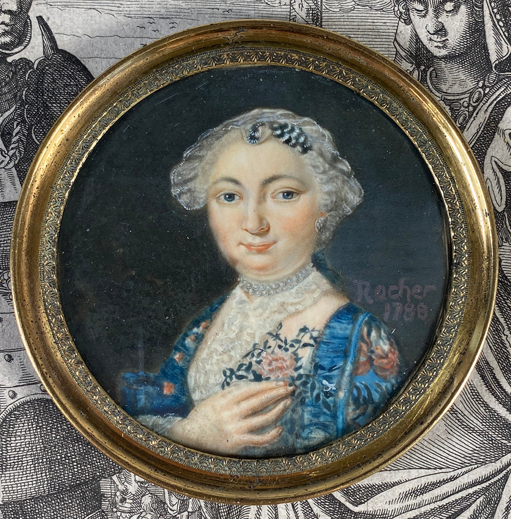 Antique French Revolution Portrait Miniature, Artist Signed, Dated 1788, Beautiful Matron