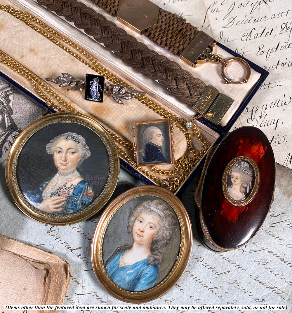 18th Century Antique French Portrait Miniature, Artist Signed, Era of Louis XVI and Marie-Antoinette
