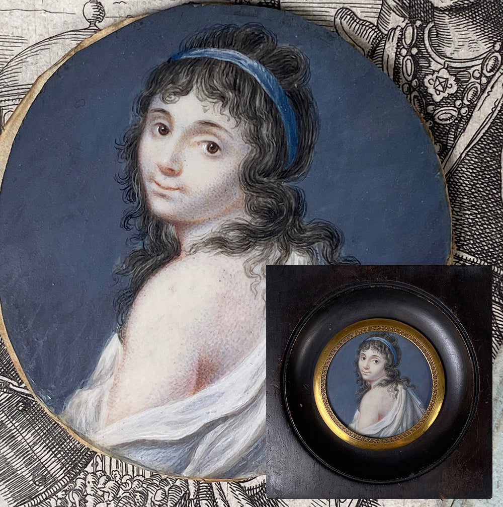 Antique 18th Century French Portrait Miniature, Frame, Beautiful Naughty, Incroyables
