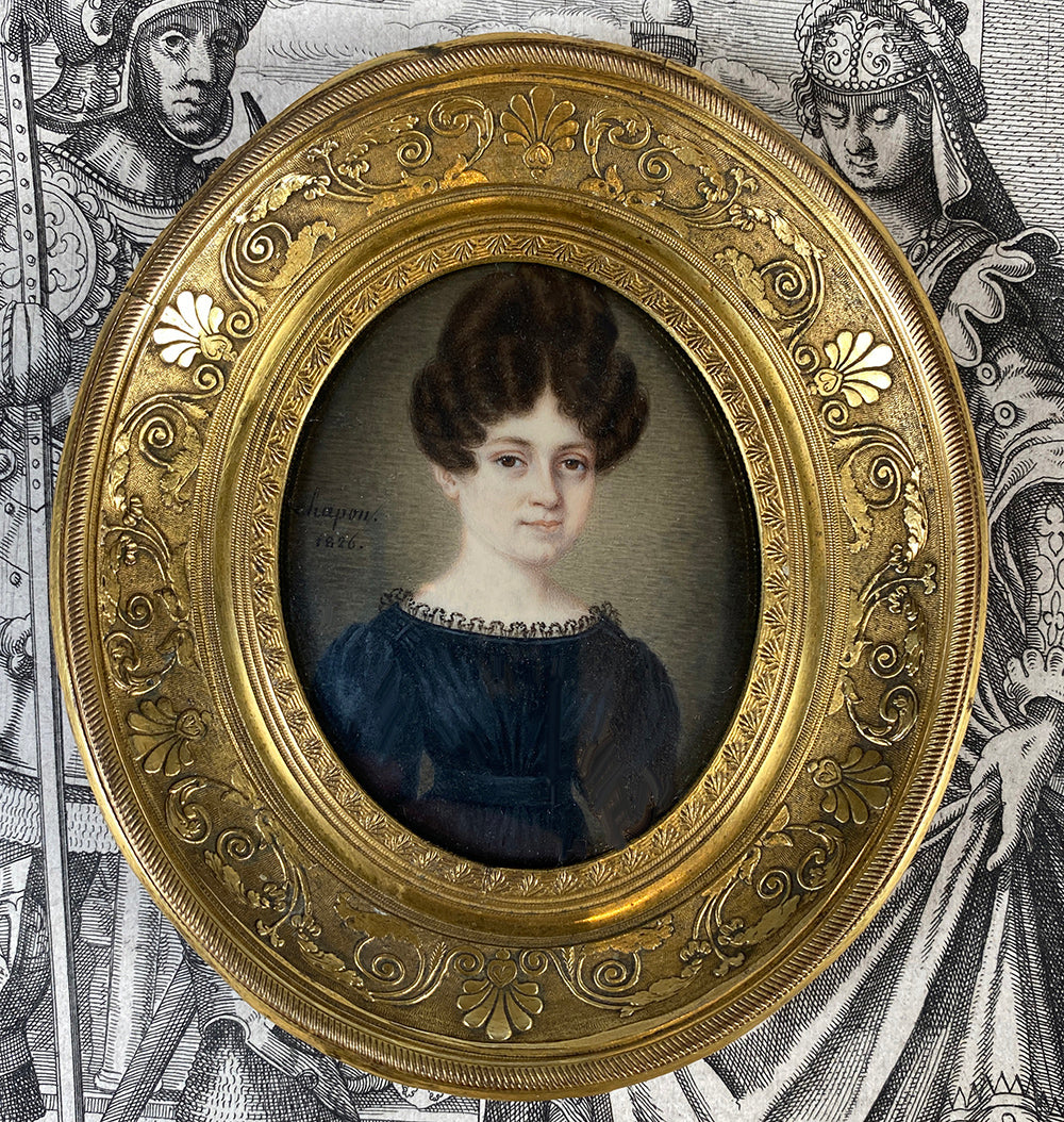 Important Antique French Portrait Miniature, c.1826 by Listed Artist, Hippolyte CHAPON (c.1790- ) Fine Frame