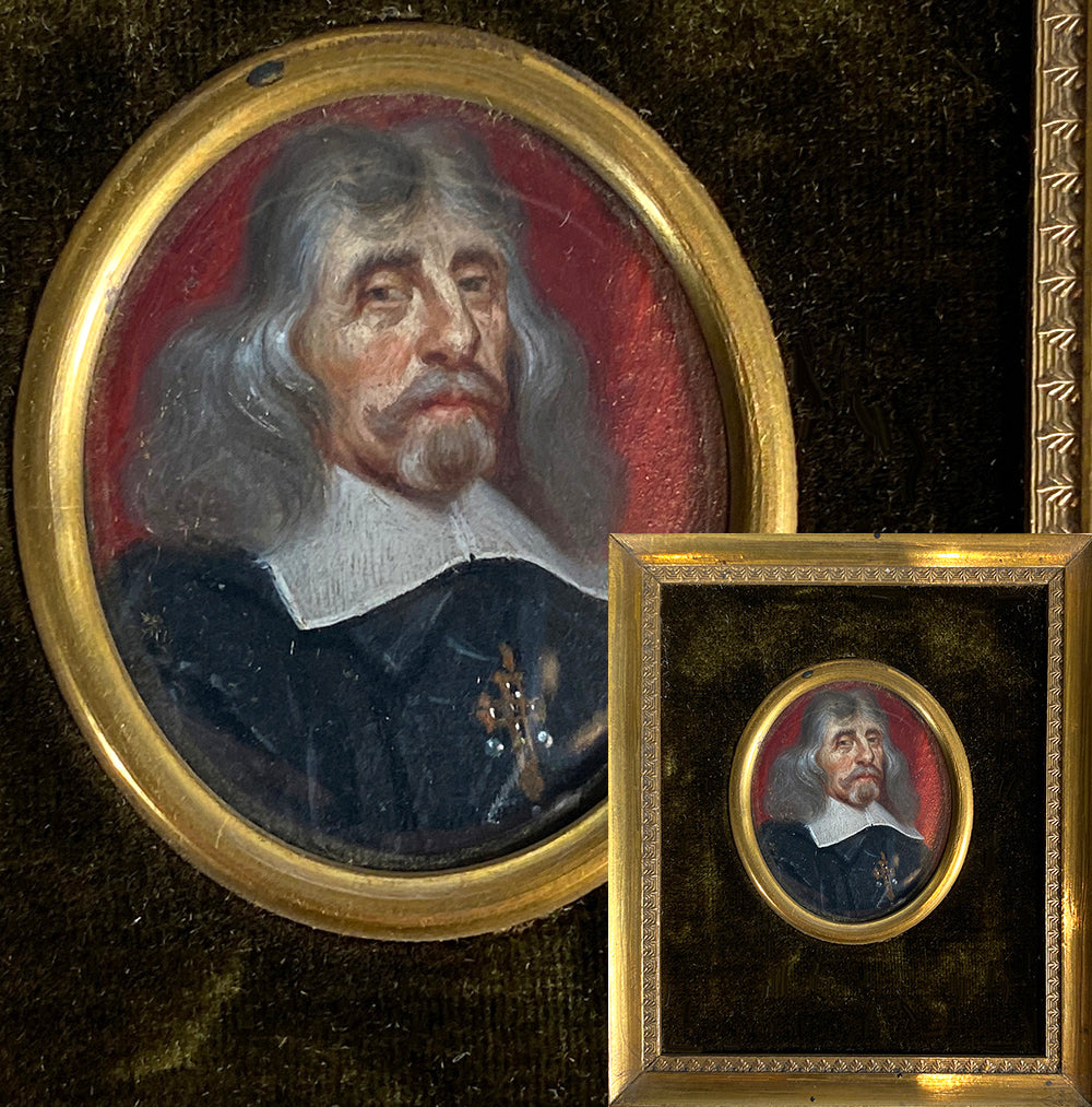 RARE Antique 17th Century Portrait Miniature Oil Painting on Metal Plaque, Jeweled Cross