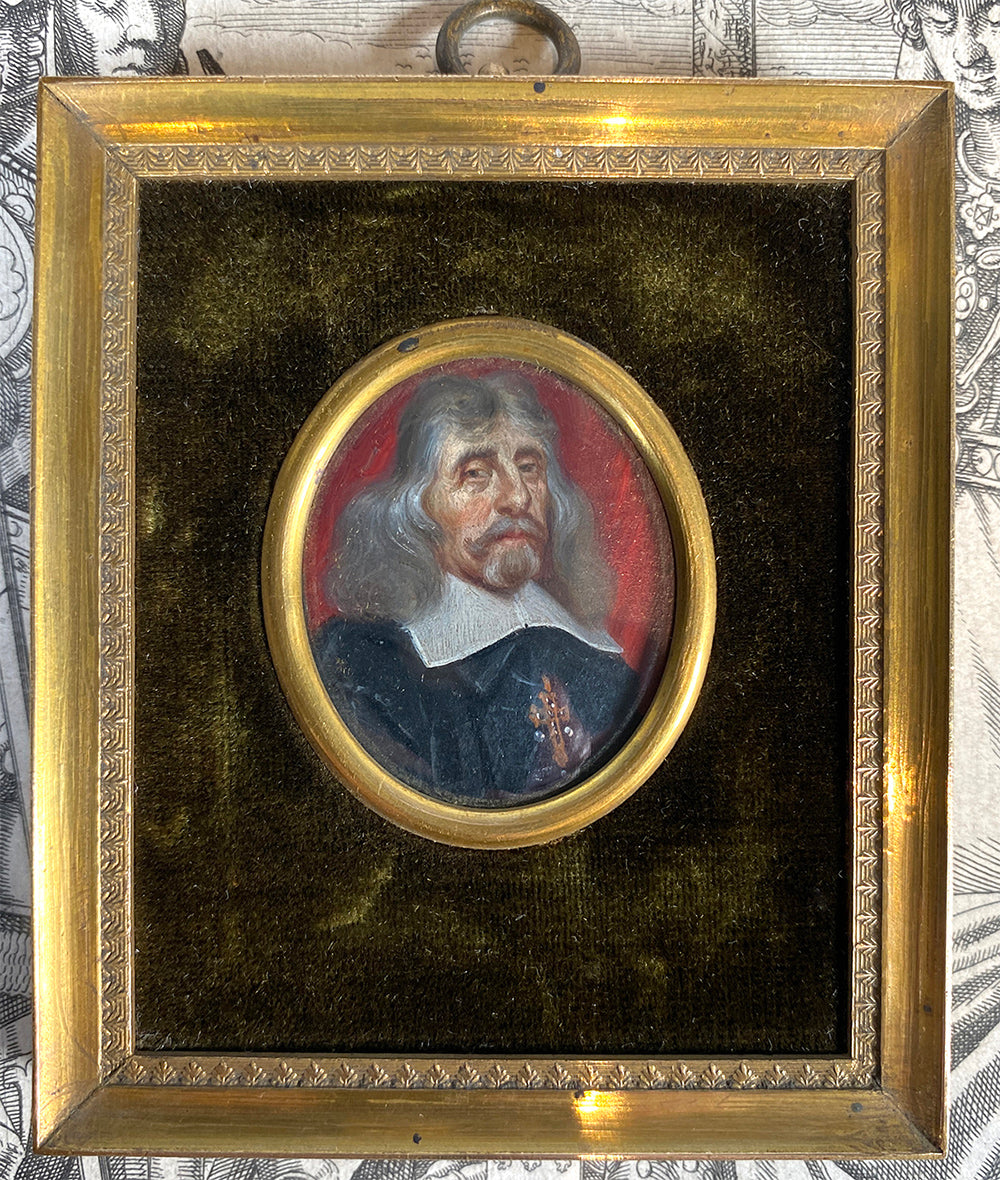 RARE Antique 17th Century Portrait Miniature Oil Painting on Metal Plaque, Jeweled Cross