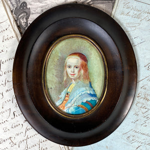 Antique French Souvenir Portrait Miniature After a 17th Century Painting of a Blond Girl