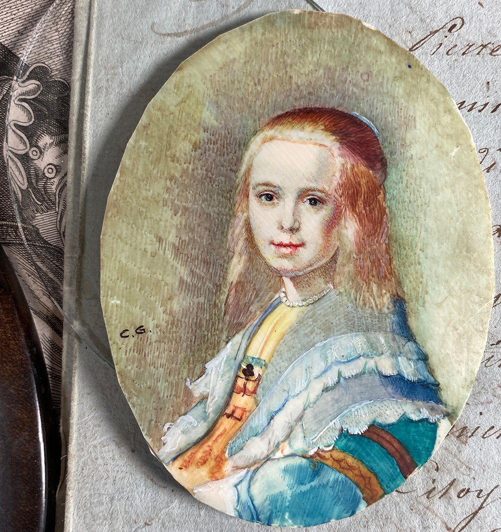 Antique French Souvenir Portrait Miniature After a 17th Century Painting of a Blond Girl