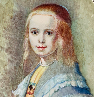 Antique French Souvenir Portrait Miniature After a 17th Century Painting of a Blond Girl