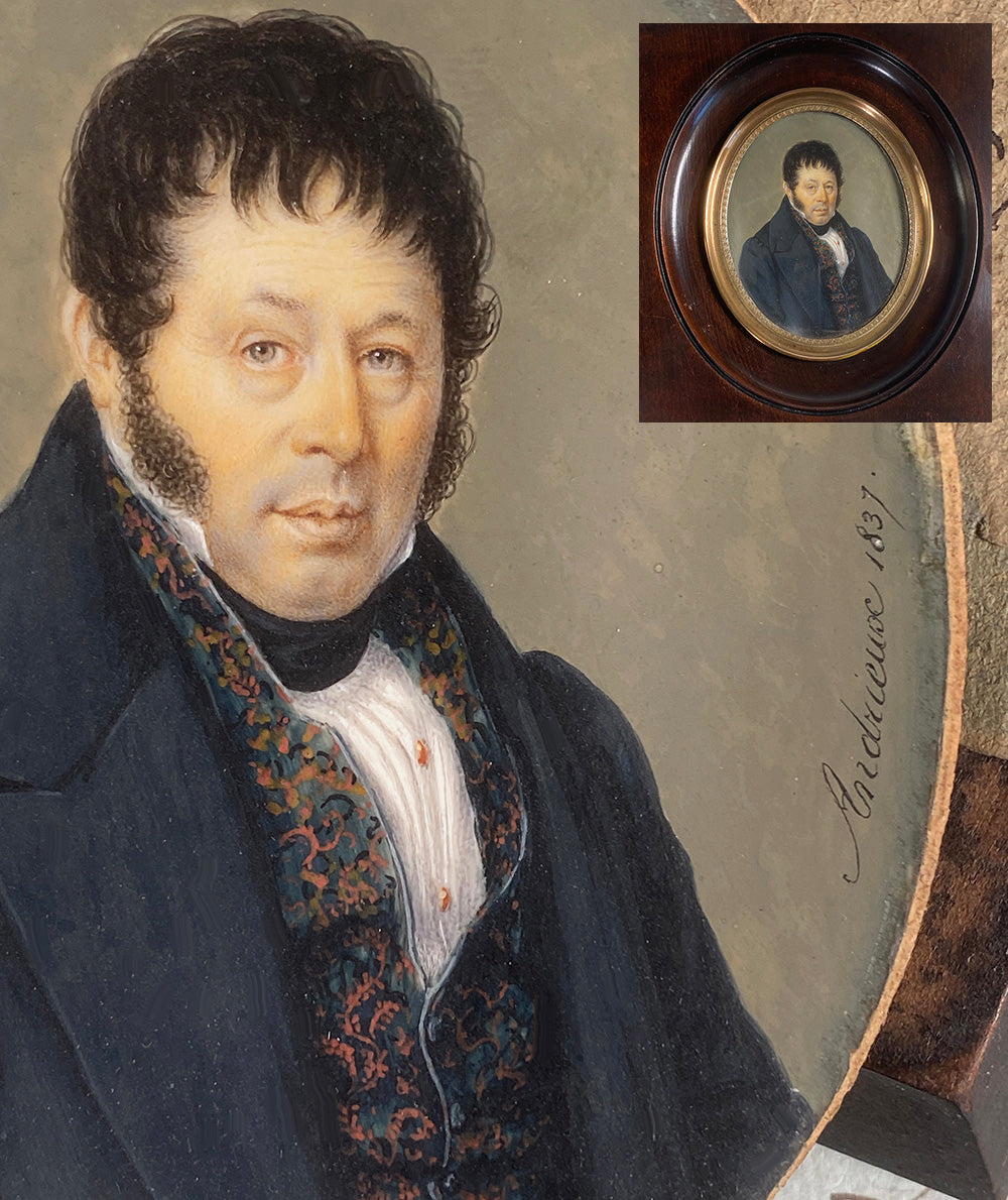 Artist Signed c.1837 Fine Antique French Portrait Miniature of Gentleman in Paisley Silk Velvet Vest