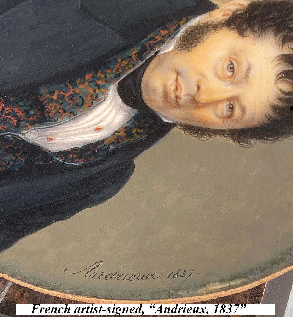 Artist Signed c.1837 Fine Antique French Portrait Miniature of Gentleman in Paisley Silk Velvet Vest