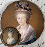 Fine Antique French Portrait Miniature, 18th Century Woman in Large Hat and with Fichu