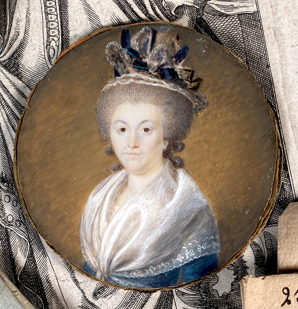 Fine Antique French Portrait Miniature, 18th Century Woman in Large Hat and with Fichu