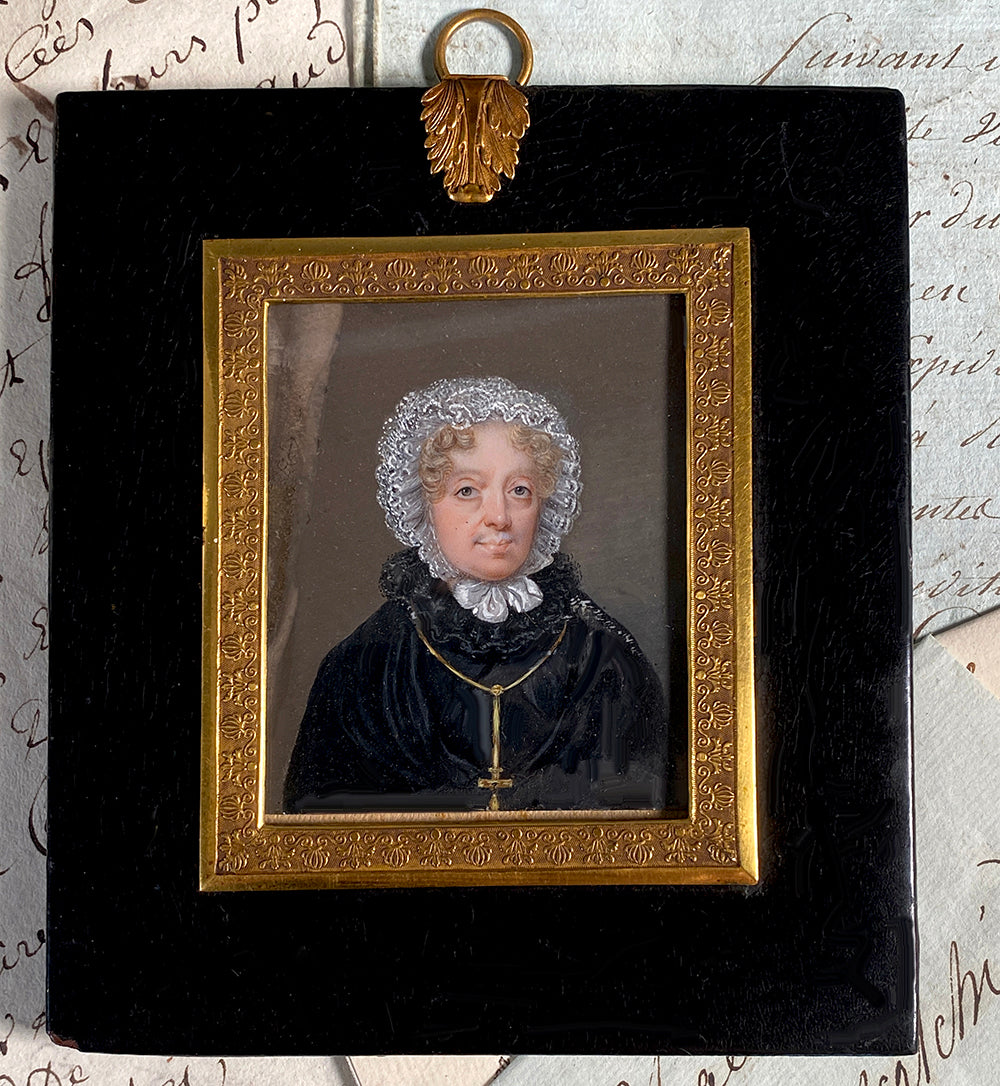 Antique 18th Century French Portrait Miniature of a Matron in Cape, Lace Bonnet and Elaborate Jeweled Cross & Chain