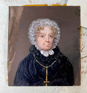 Antique 18th Century French Portrait Miniature of a Matron in Cape, Lace Bonnet and Elaborate Jeweled Cross & Chain