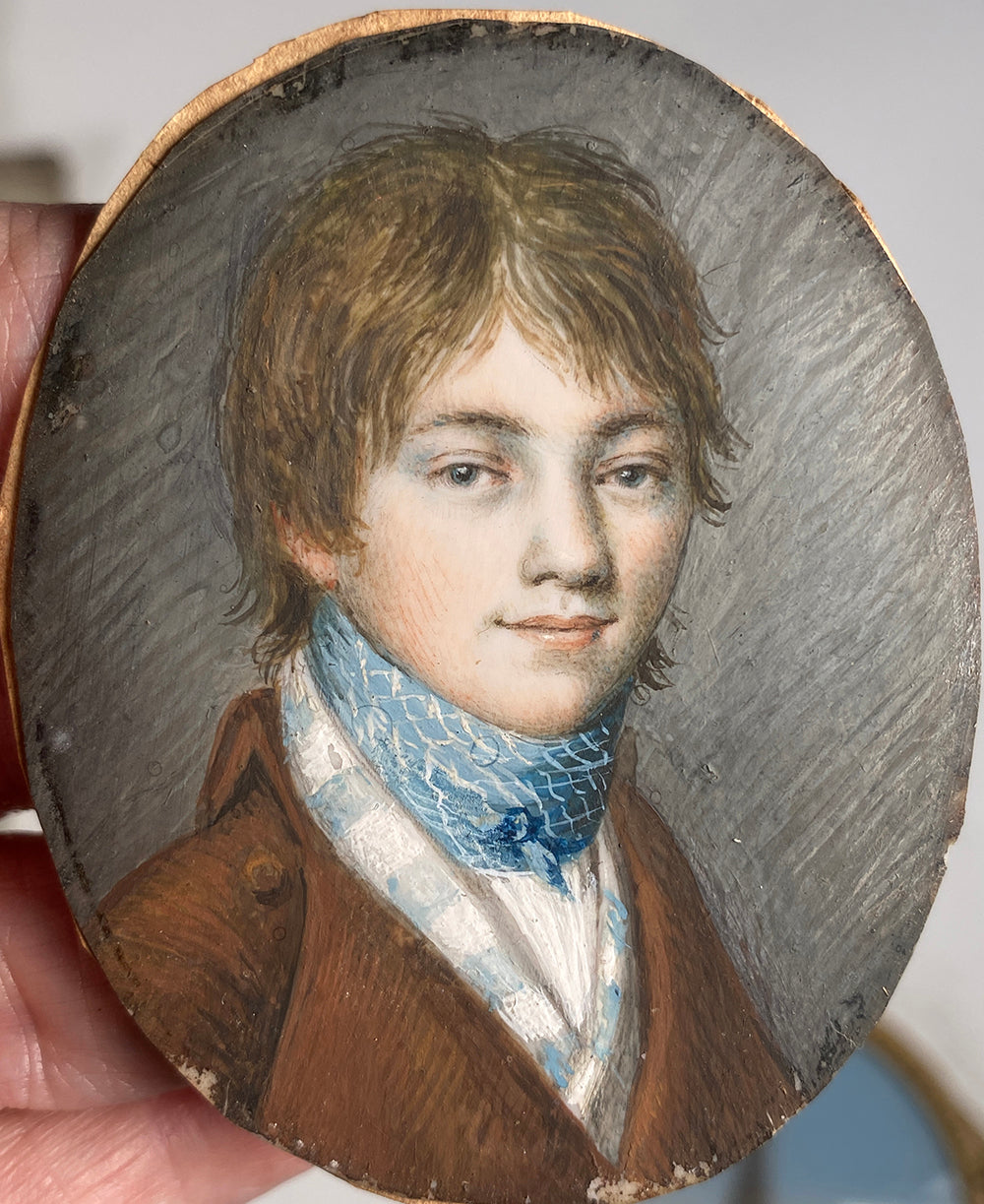 Exceptional c.1800 French Portrait Miniature of Incroyables Boy, 8-12 Yr Old Young Man