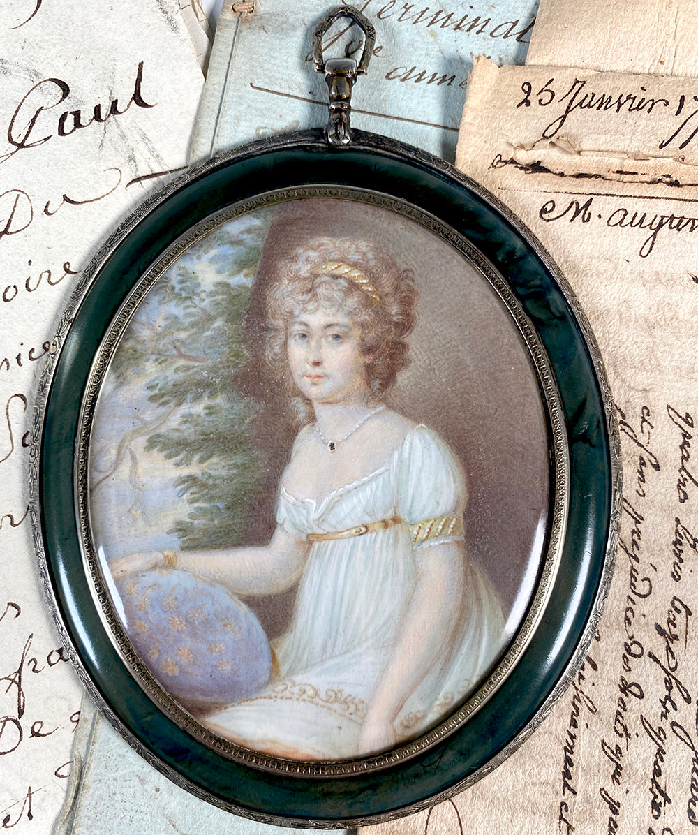 RARE 18th Century French Portrait Miniature, Woman with her Embroidery, Sterling Silver and Kiln-fired Enamel Frame