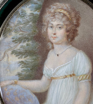 RARE 18th Century French Portrait Miniature, Woman with her Embroidery, Sterling Silver and Kiln-fired Enamel Frame