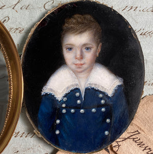 RARE Antique French Portrait Miniature of a Young Boy, Blue Coat and Large Lace Collar, Blue Eyes