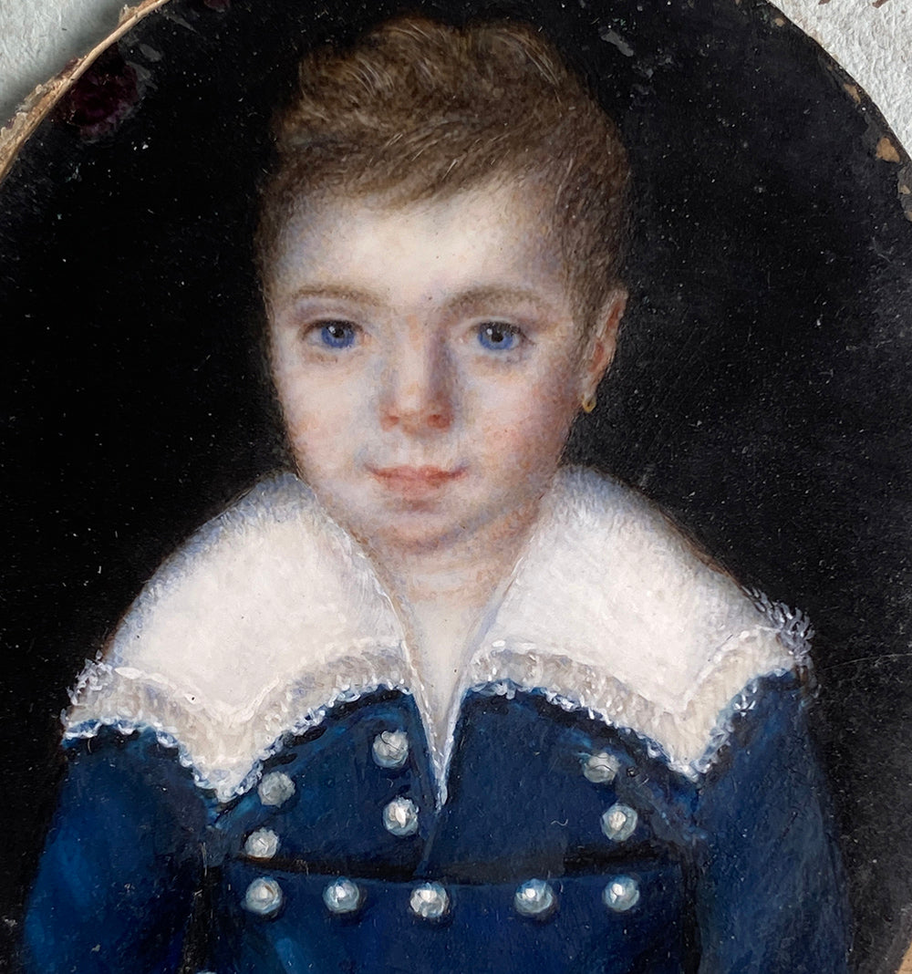 RARE Antique French Portrait Miniature of a Young Boy, Blue Coat and Large Lace Collar, Blue Eyes