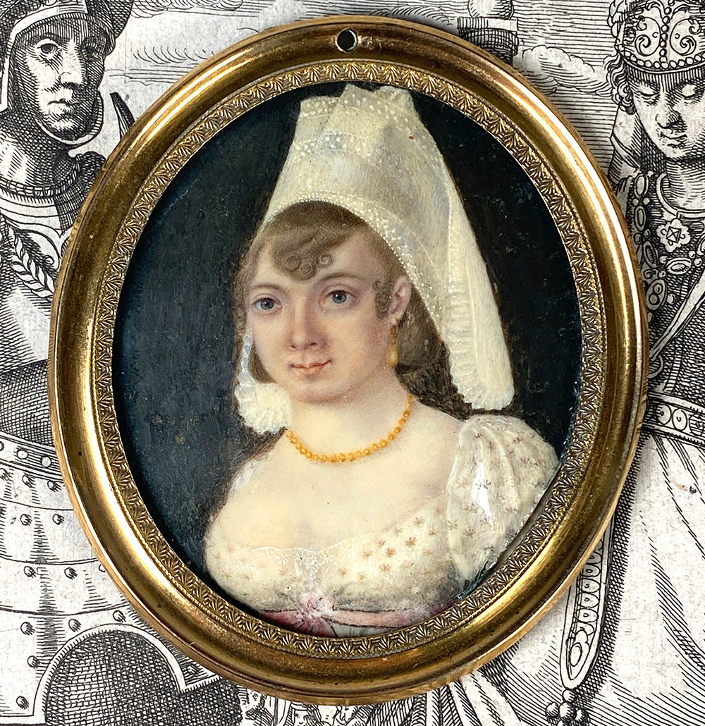 Antique Signed French Portrait Miniature, Young Beauty of Normandy or Brittany, Lace Hat, Cap