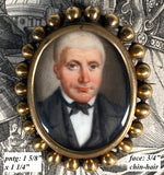 Antique 19th Century Portrait Miniature in 12k Face Brooch Mount, Gentleman in Tuxedo