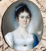 Antique French Portrait Miniature, Napoleon's French Empire Period w Blue Tiara and Diamonds, Sapphire  Brooch and Pearls