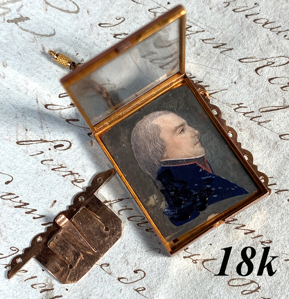 Antique French Revolutionary Military Portrait Miniature in 18k Gold Bracelet Clasp, Necklace