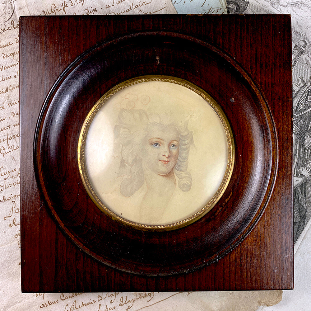 Antique 18th Century Watercolor Portrait Miniature, Era of Marie-Antoinette, in Wood Frame