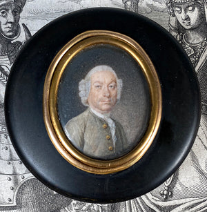 Antique French Portrait Miniature Tortoise Shell Snuff Box, 18th Century Gentleman with Powder Wig