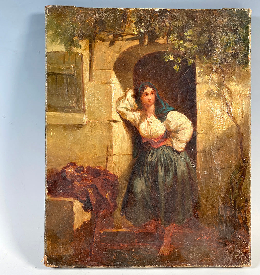 Charming Antique French Oil Painting, Portrait of a Woman in Stone Doorway, Invokes Country Life