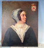 Antique French Oil Painting Portrait of a Woman of Nobility, Family Crest with Crown on Painting