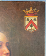 Antique French Oil Painting Portrait of a Woman of Nobility, Family Crest with Crown on Painting