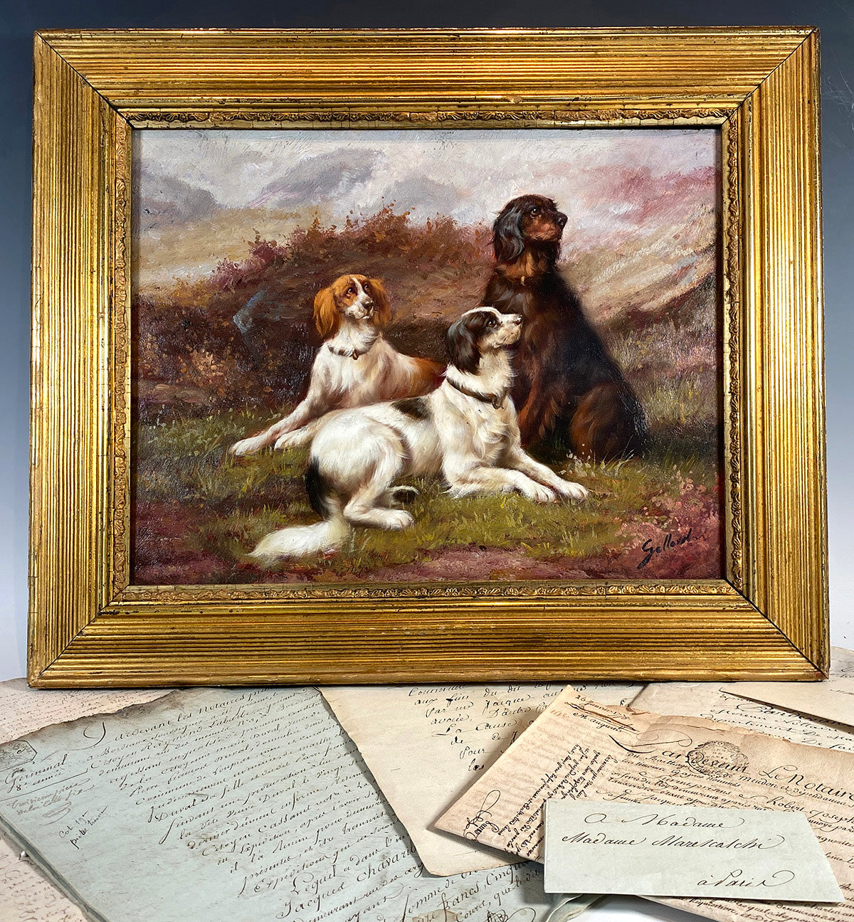 Antique French Oil Painting on Board, 3 Hunting Dogs, Hounds in Landscape, Antique Frame