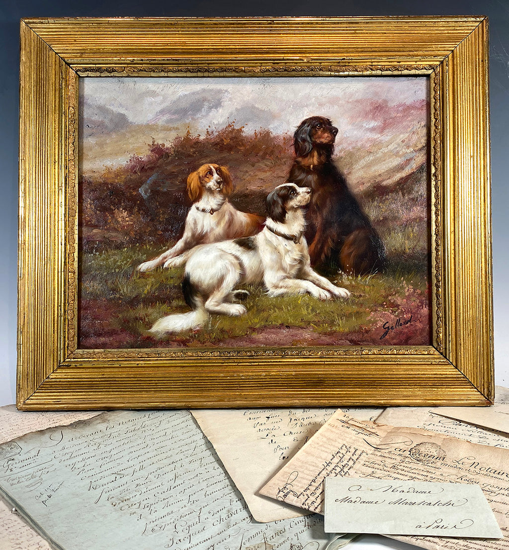 Antique French Oil Painting on Board, 3 Hunting Dogs, Hounds in Landscape, Antique Frame
