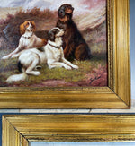 Antique French Oil Painting on Board, 3 Hunting Dogs, Hounds in Landscape, Antique Frame