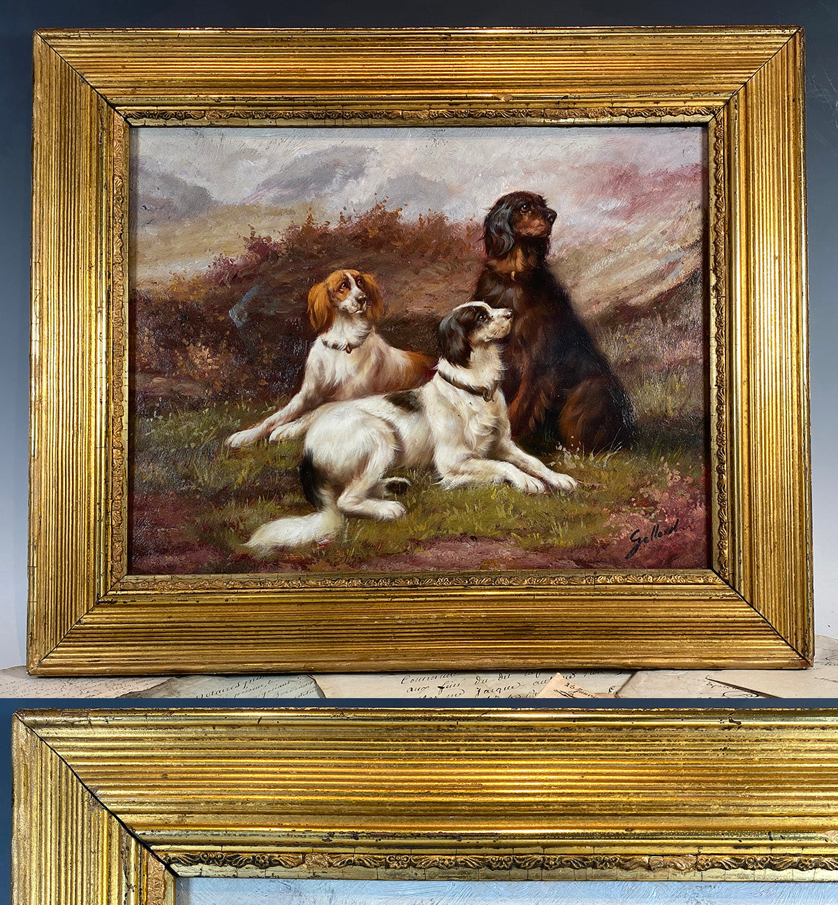 Antique French Oil Painting on Board, 3 Hunting Dogs, Hounds in Landscape, Antique Frame