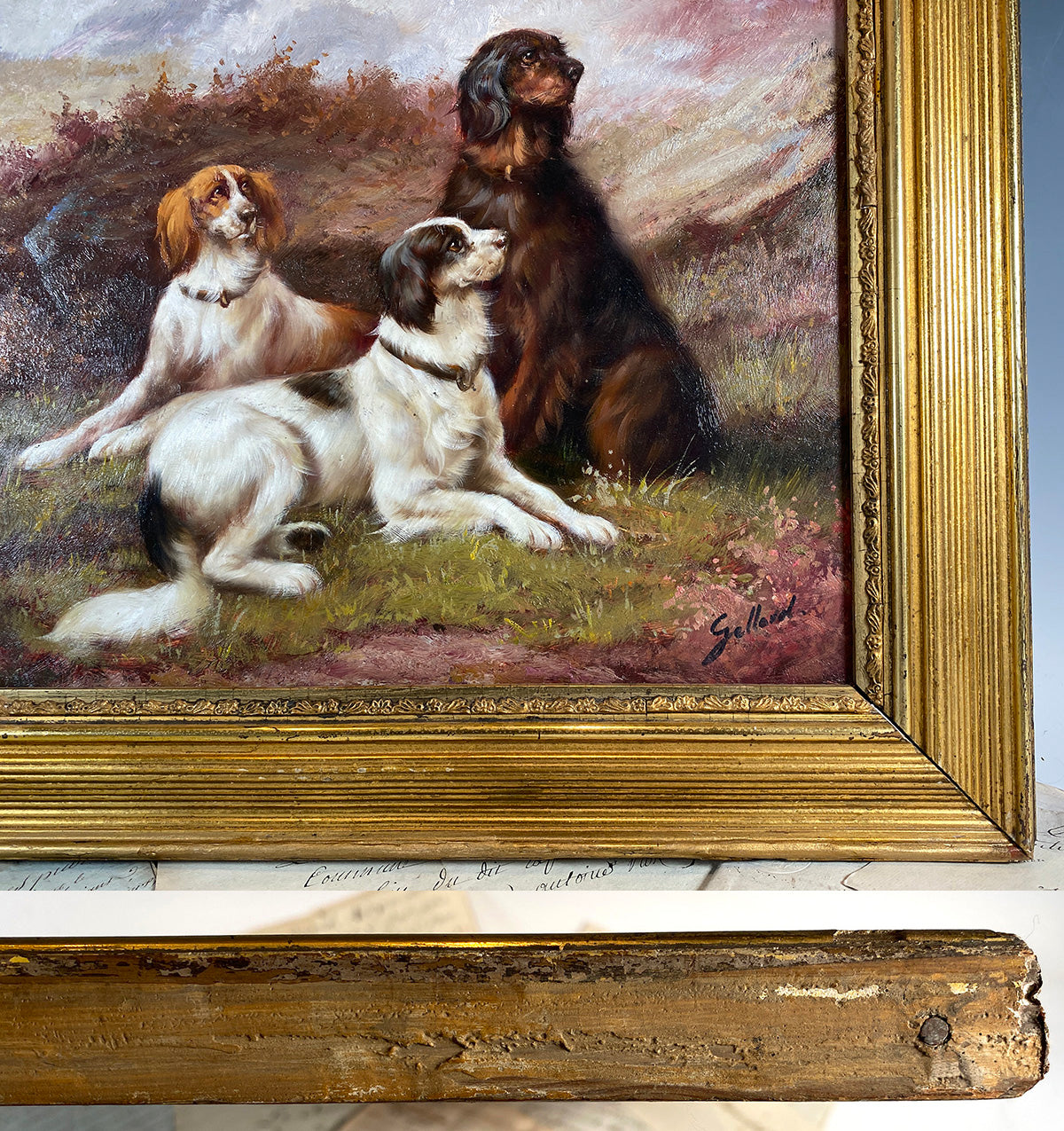 Antique French Oil Painting on Board, 3 Hunting Dogs, Hounds in Landscape, Antique Frame