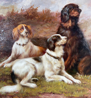 Antique French Oil Painting on Board, 3 Hunting Dogs, Hounds in Landscape, Antique Frame