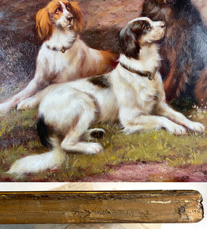 Antique French Oil Painting on Board, 3 Hunting Dogs, Hounds in Landscape, Antique Frame