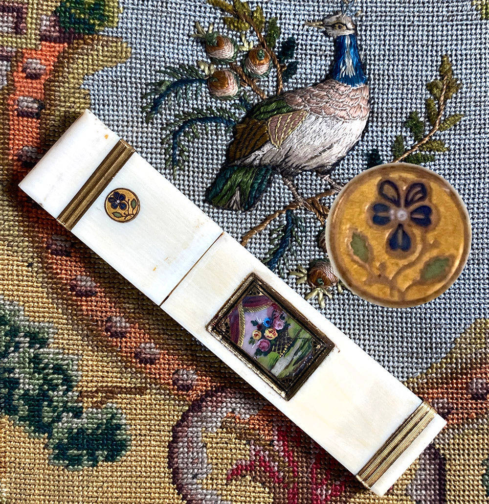 RARE Antique French Palais Royal Ivory Needle Case, Etui, 18k Gold Enamel Plaque & Trim, Eglomise