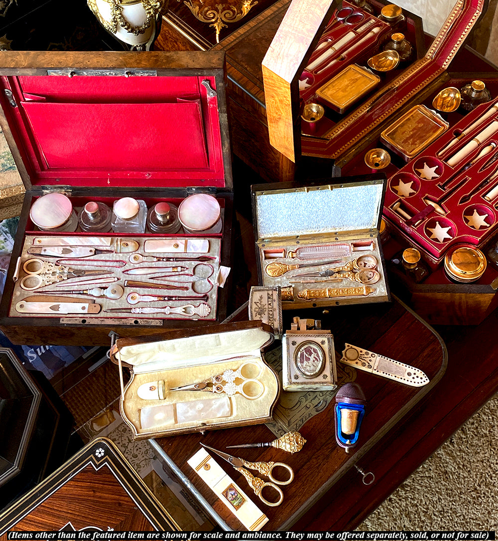 RARE Superb c.1800-20 Antique French Palais Royal Sewing Set, Mother of Pearl, 18k Gold in Necessaire Etui