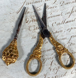 Antique French Palais Royal Sewing Scissors and Stiletto Set, Silver and Gold Vermeil Handles