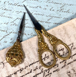 Antique French Palais Royal Sewing Scissors and Stiletto Set, Silver and Gold Vermeil Handles