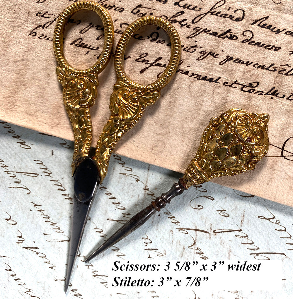 Antique French Palais Royal Sewing Scissors and Stiletto Set, Silver and Gold Vermeil Handles