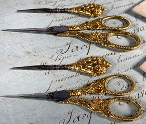 Antique French Palais Royal Sewing Scissors and Stiletto Set, Silver and Gold Vermeil Handles