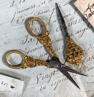 Antique French Palais Royal Sewing Scissors and Stiletto Set, Silver and Gold Vermeil Handles