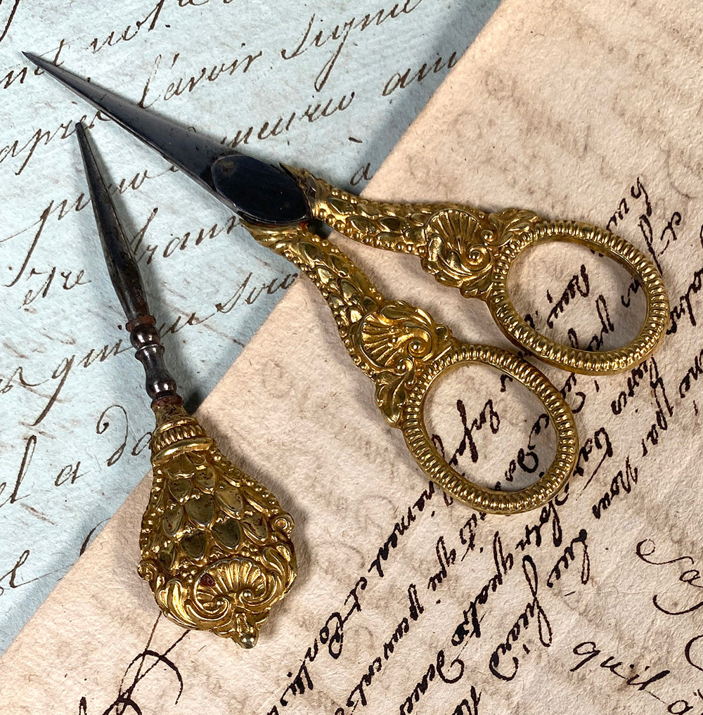 Antique French Palais Royal Sewing Scissors and Stiletto Set, Silver and Gold Vermeil Handles