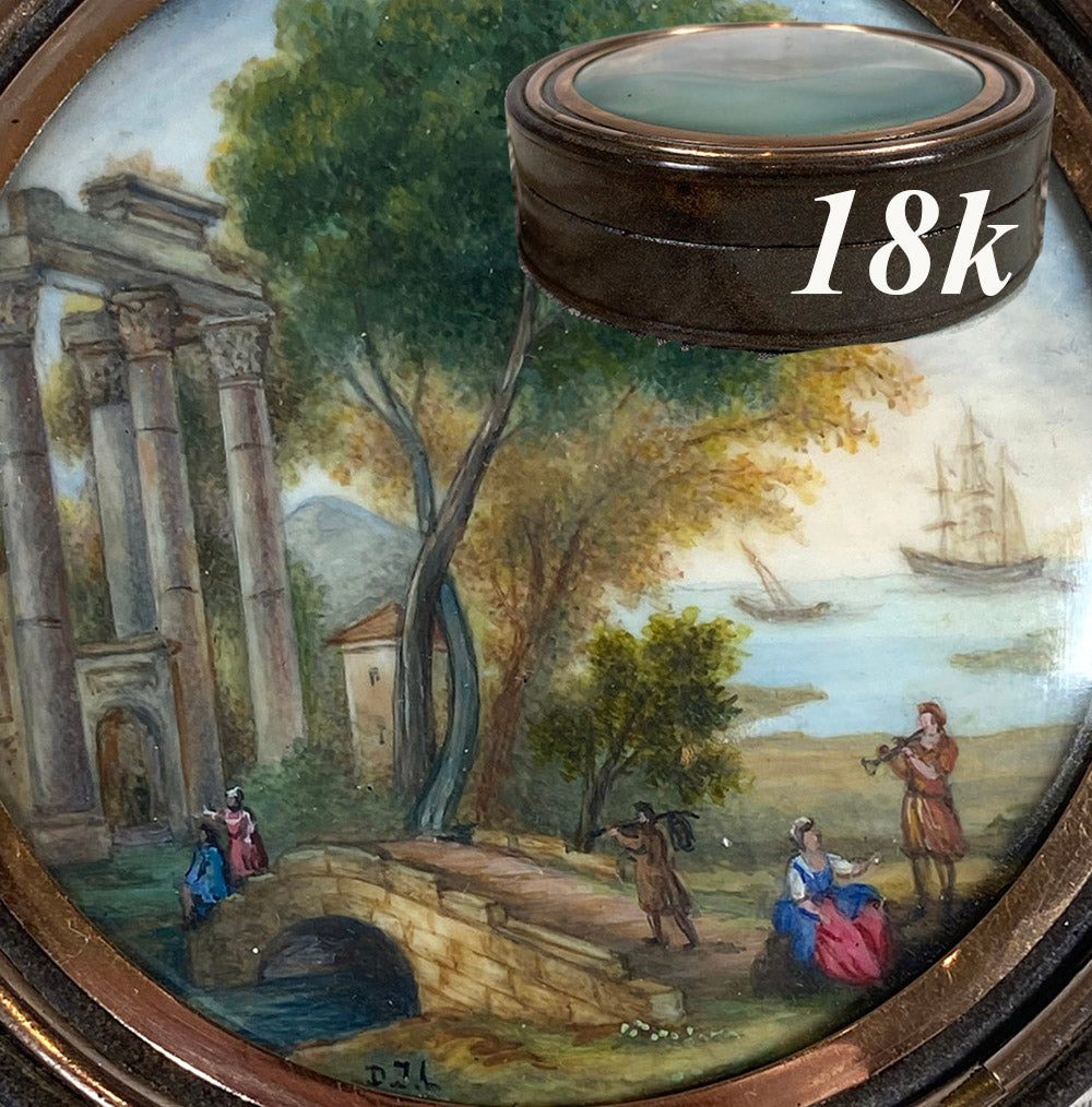 Antique French Snuff Box with Superb Landscape Painting, Ships and Roman Ruins, 18k Gold