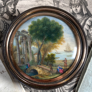 Antique French Snuff Box with Superb Landscape Painting, Ships and Roman Ruins, 18k Gold