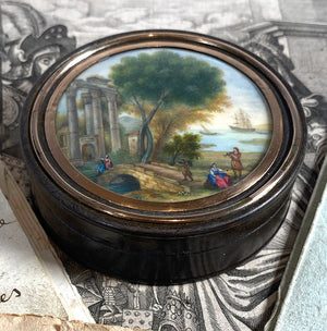 Antique French Snuff Box with Superb Landscape Painting, Ships and Roman Ruins, 18k Gold