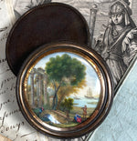 Antique French Snuff Box with Superb Landscape Painting, Ships and Roman Ruins, 18k Gold